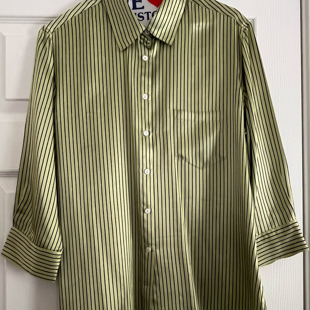 Tracy M Women's Button Up Shirt 3/4 Sleeve Stripes Olive/Black Silk Size L